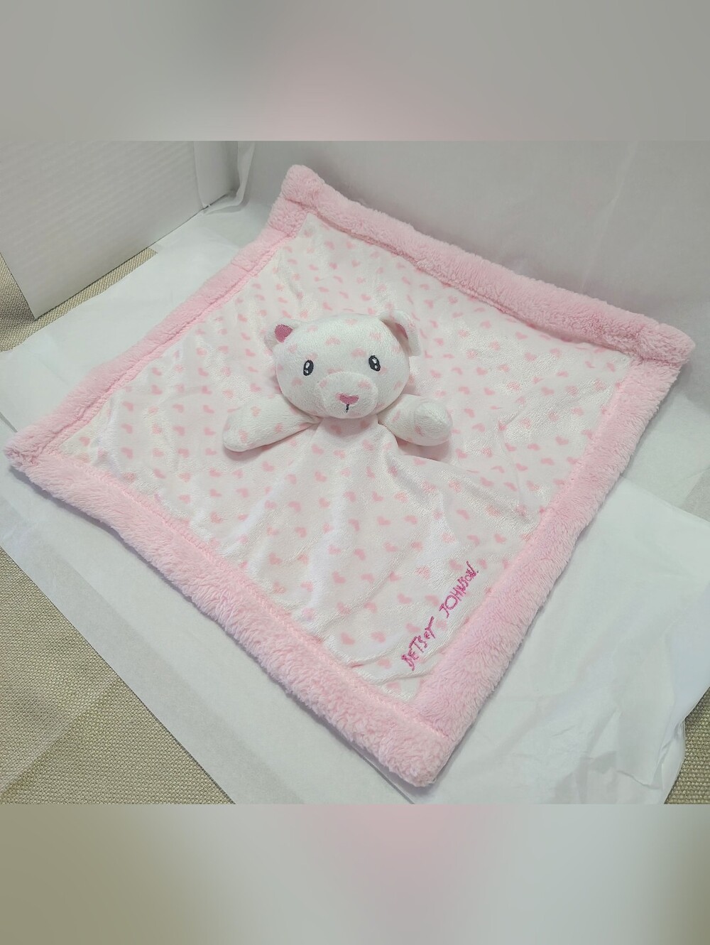 Betsy Johnson Plush Teddy Bear White Lovey Blanket Pink Polka Dot Hearts So Soft